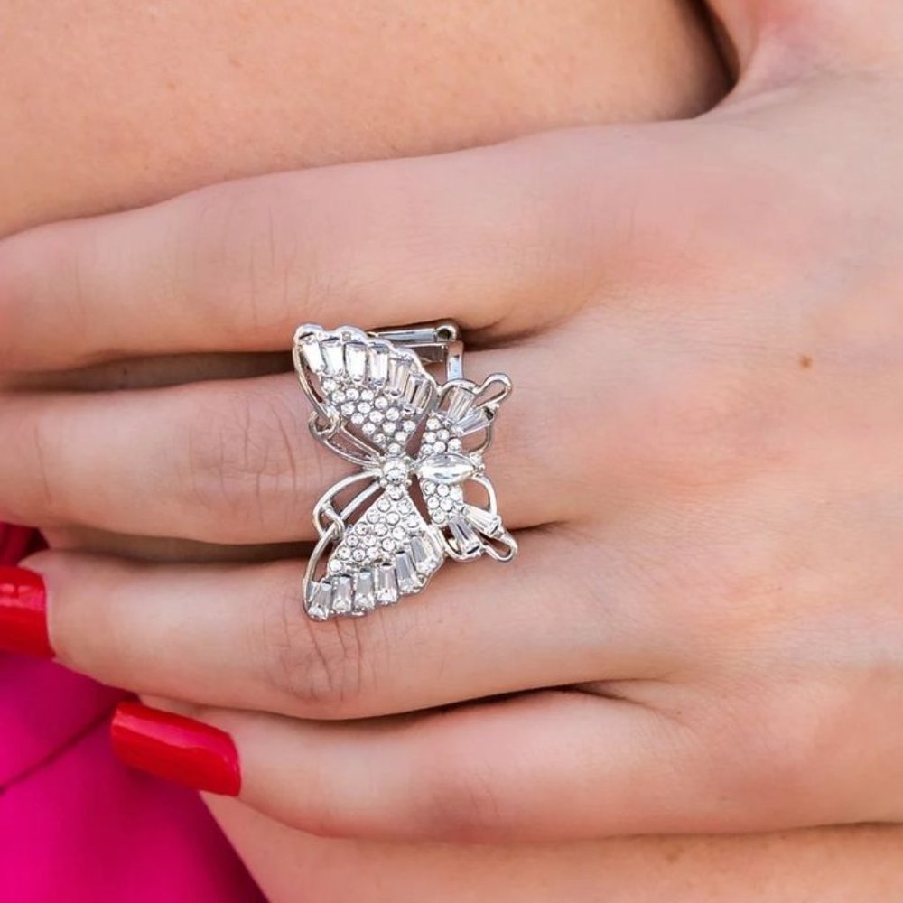 Ring, Statement Butterfly, Silver, White rhinestones